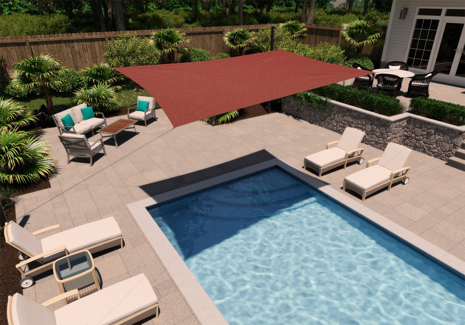 Large terracotta shade sail covering a landscaped pool terrace