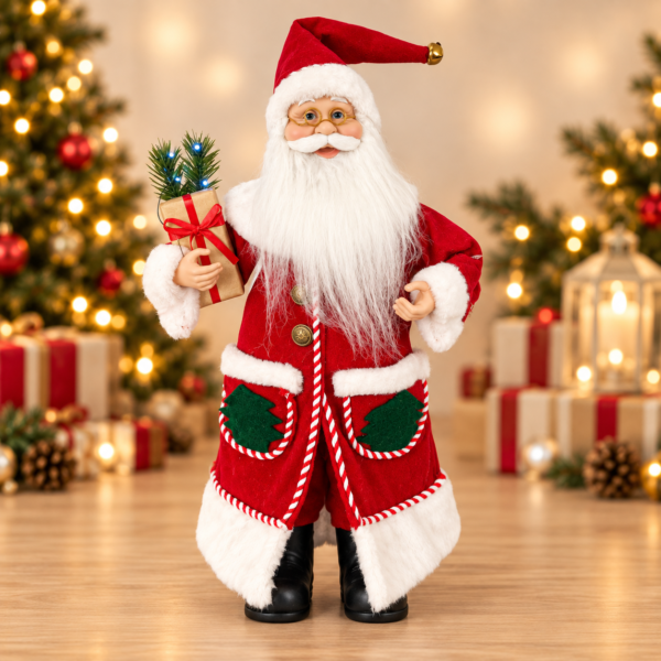 SantaPipingOutfit Animated Musical Santa Claus in Red & White Piping Holding Gifts – 43cm
