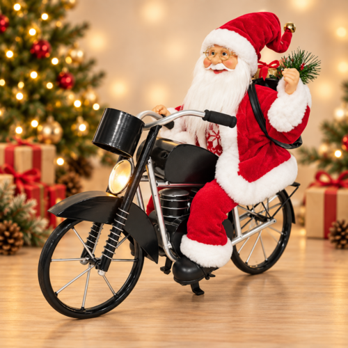 Animated Musical Light-Up Santa Claus Driving a Classic Motorbike – 50cm