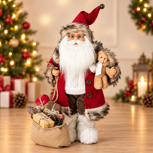 40CMSantaWbear Standing Santa Claus Holding Teddy Bear - 40cm