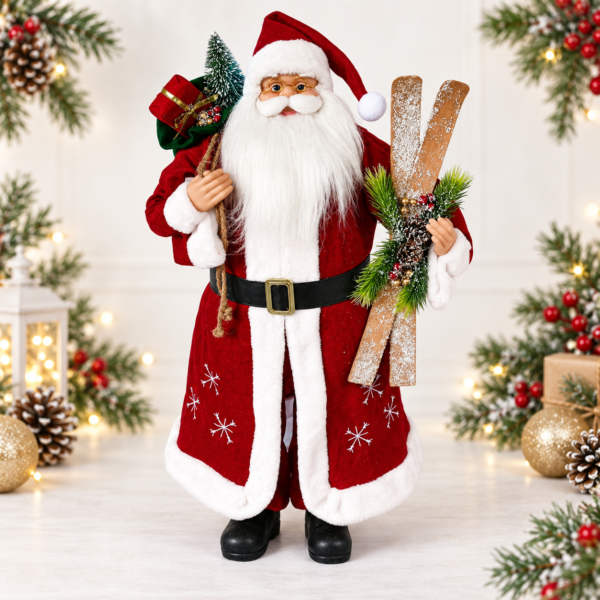 80cmSantawTreeSkis Large Animated Musical Santa Holding Skis & Christmas Tree – 80cm