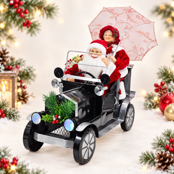 XXL Santa and Mrs in Car Santa Claus and Mary Claus in XL Classic Black Car - 88cm