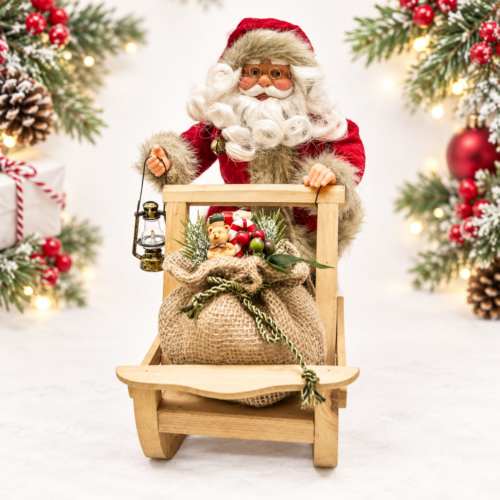 Animated Musical Santa in Wooden Sleigh Carrying a Lantern