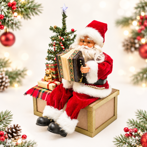 Animated Musical Santa on Gilded Treasure Chest with Light-Up Tree