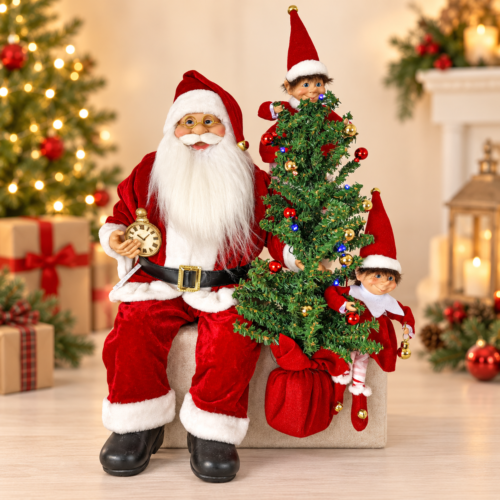 Santa Claus Sitting by Christmas Tree Decorated with Elves - 60cm
