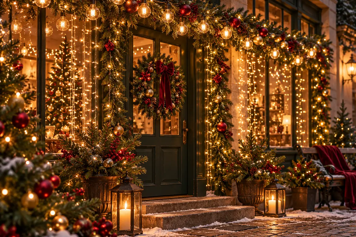 Warm white vintage Christmas string and curtain lights decorating a festive entrance in Malta