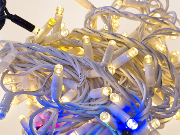 Heavy-Duty IP44 Steady & Flashing Warm White Lights – 10m, White Cable