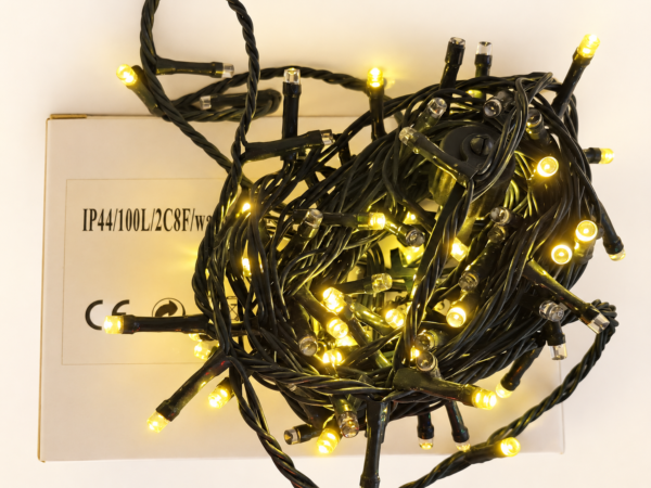 String lights on warm white background-11 Connectible IP44 LED Christmas String Lights – 100 Bulbs
